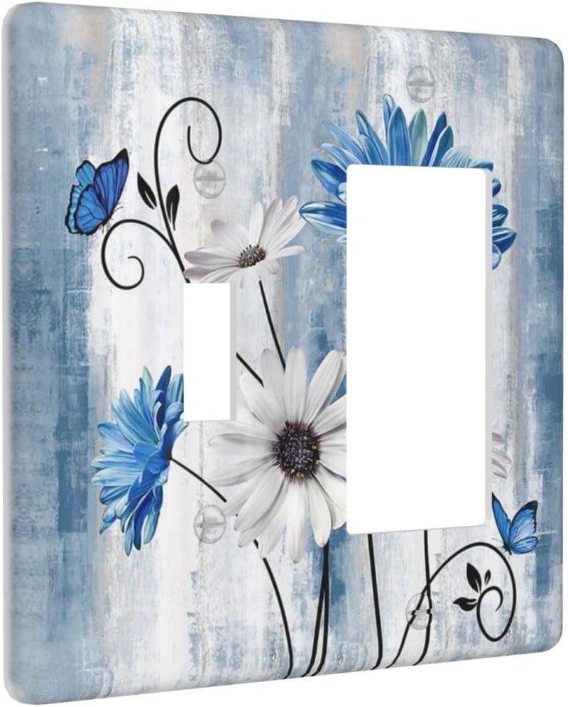 Sghxwp Rustic Teal Blue Daisy Floral 2 Gang Single Toggle Rocker Combination Light Switch Covers Wall Plate Cover Electrical Faceplate Decorative Switchplate for Country Bathroom Bedroom Kitchen Decor - Image 2